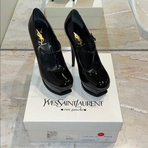 Yves Saint Laurent Black Patent Leather T-Strap “Tribute” Platform Heels.